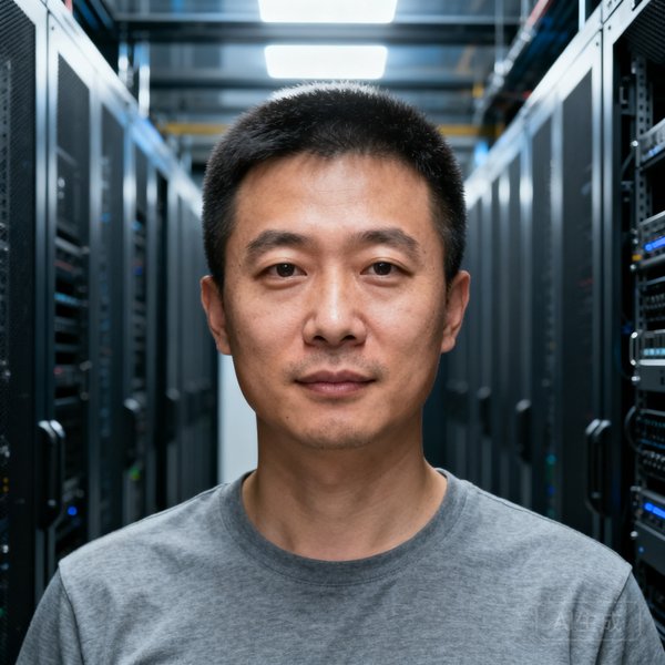 看球直播CTO陈明的头像照片，短发技术专家，身穿灰色T恤，背景为服务器机房